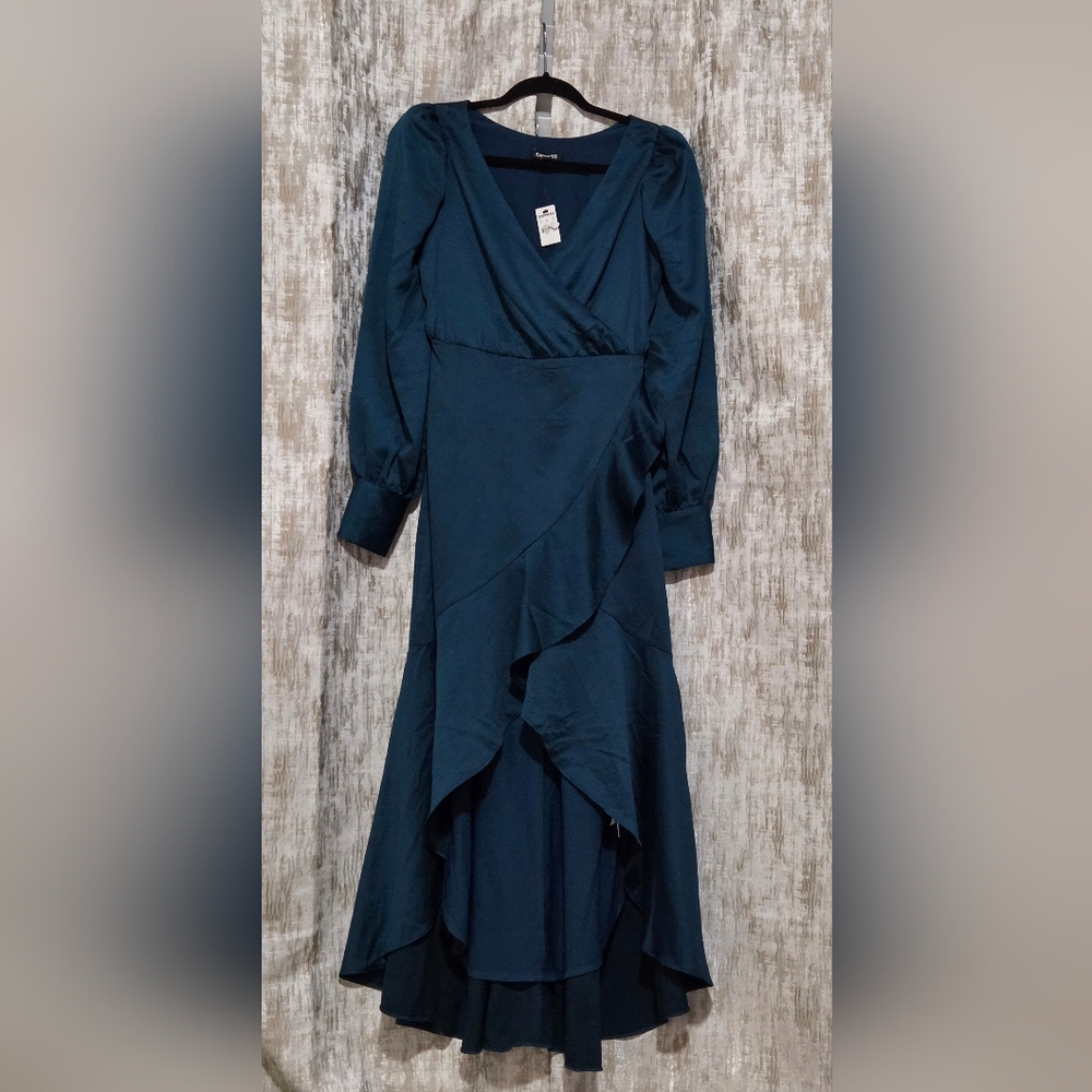 Green and Blue Sheath Dress with Bishop Sleeves V-Neck